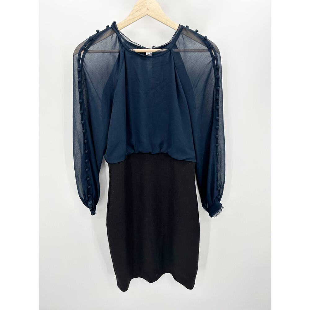 Badgley Mischka Dress Women 6 Blue Midnight Black Blouson Sleeve Georgette
